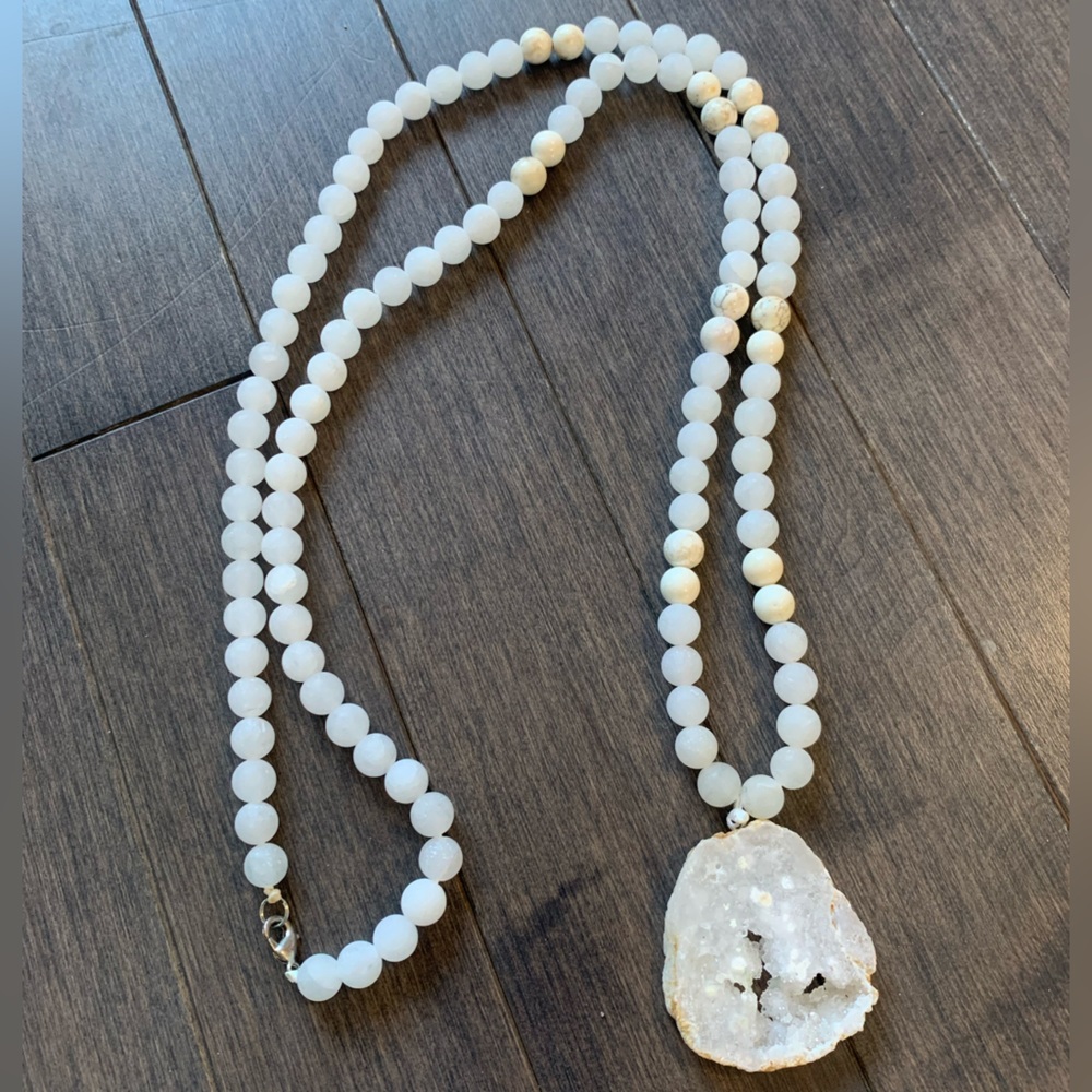 White Quartz Beaded Mala 20 Inch Necklace With Natural Quartz Pendant